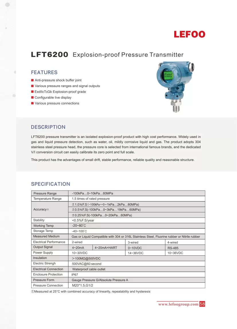LEFOO LFT6200 Transmisor de presión a prueba de explosiones